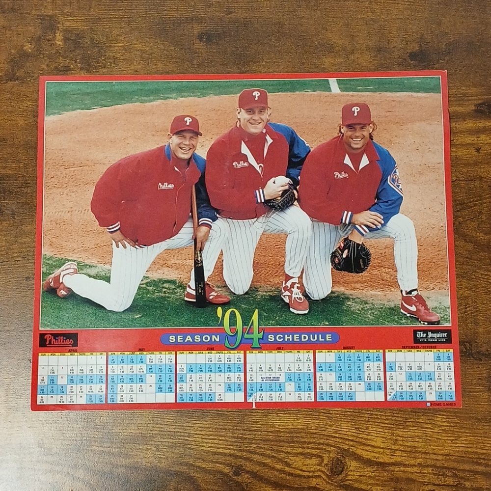 Philadelphia Phillies 1994 Season 13.5x11" Schedule, Schilling Daulton Dykstra
